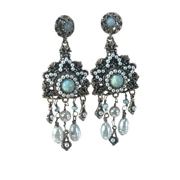 vtg Victorian revival antique gold pearl and jasper dangle earrings - Picture 1 of 8